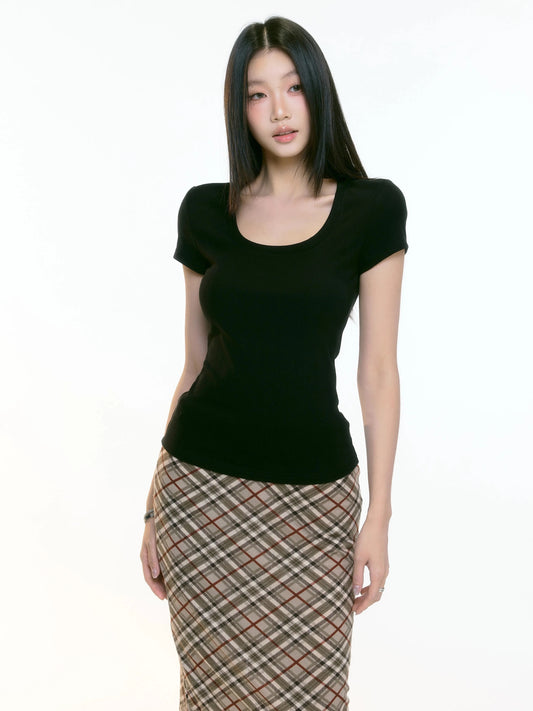 WITHMIN black t-shirt for women with slim waist and short sleeves for women in summer, slimming, pure desire, unique and beautiful waist top