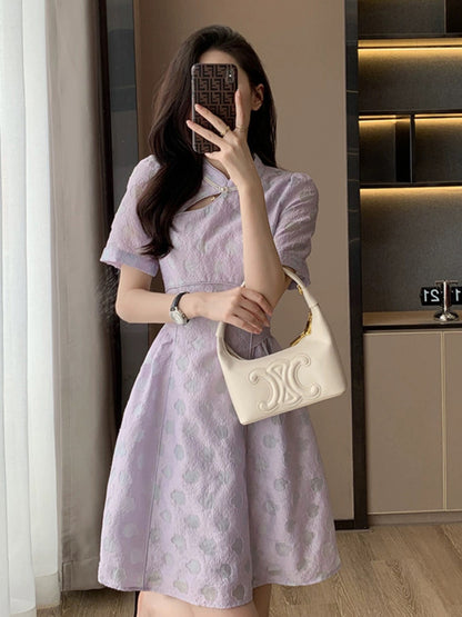 French style purple dress for women summer 2024 new style waist slimming high-end temperament short skirt