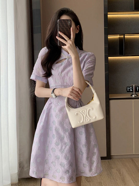 French style purple dress for women summer 2024 new style waist slimming high-end temperament short skirt