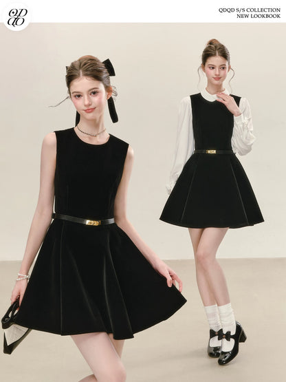 QDQD Rich Heiress Black Velvet Mini Dress - Slim Fit, High-End Sleeveless Vest Dress