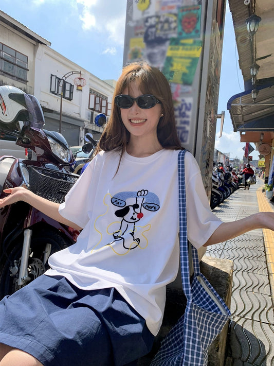 Hello Canon original cartoon towel embroidered short-sleeved T-shirt for women 2024 new loose and slim tops for small people