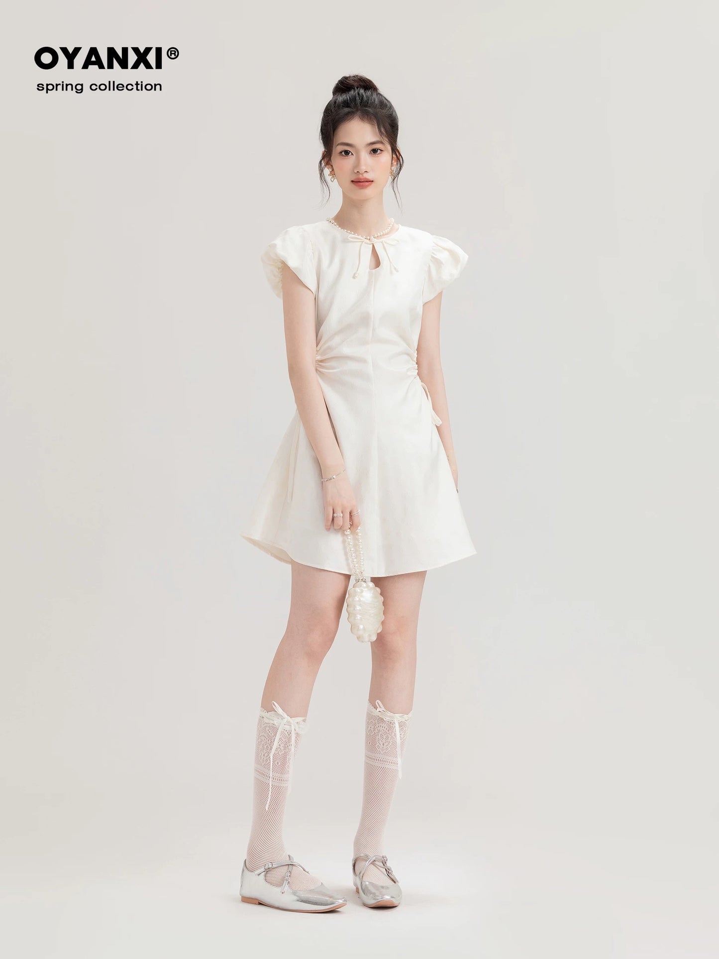 Ouyang Xi's "Moonlight Handwriting" Limited Time Discount Autumn Chinese Solid Color Waist Short Dress for Women