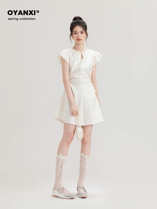 Ouyang Xi's "Moonlight Handwriting" Limited Time Discount Autumn Chinese Solid Color Waist Short Dress for Women