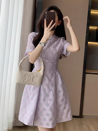 French style purple dress for women summer 2024 new style waist slimming high-end temperament short skirt