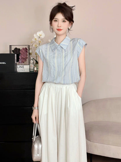 A Roasted Goose Haijie Diary blue striped lapel shirt Roasted Goose Home women's short-sleeved T-shirt women's summer