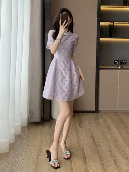 French style purple dress for women summer 2024 new style waist slimming high-end temperament short skirt