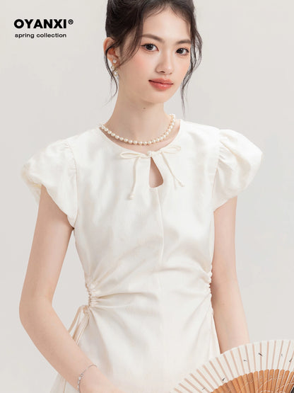Ouyang Xi's "Moonlight Handwriting" Limited Time Discount Autumn Chinese Solid Color Waist Short Dress for Women