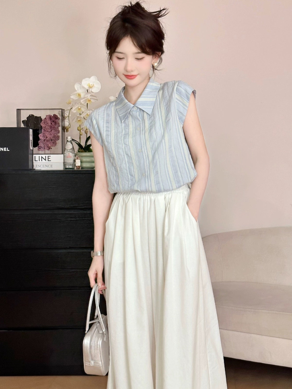 A Roasted Goose Haijie Diary blue striped lapel shirt Roasted Goose Home women's short-sleeved T-shirt women's summer