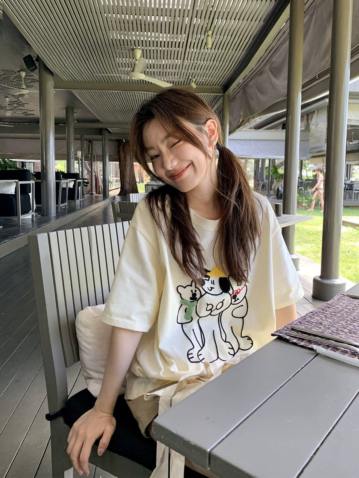 Hello Canon original cartoon towel embroidered short-sleeved T-shirt for women 2024 new loose and slim tops for small people