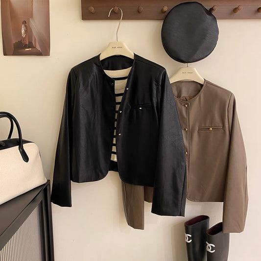 High-end brown soft PU leather jacket for women in early autumn Korean style round neck retro gold buckle temperament leather jacket black short coat