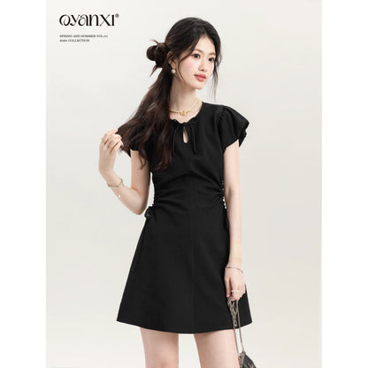 Ouyang Xi's "Moonlight Handwriting" Limited Time Discount Autumn Chinese Solid Color Waist Short Dress for Women