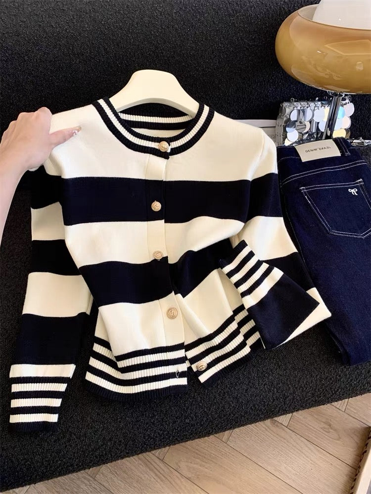 Jade Closet direct store recommendation ~ Medela sweet style contrast color striped knitted cardigan sweater jacket for women