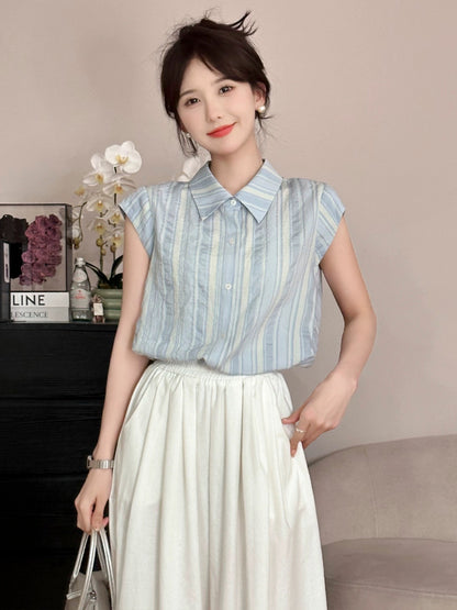 A Roasted Goose Haijie Diary blue striped lapel shirt Roasted Goose Home women's short-sleeved T-shirt women's summer