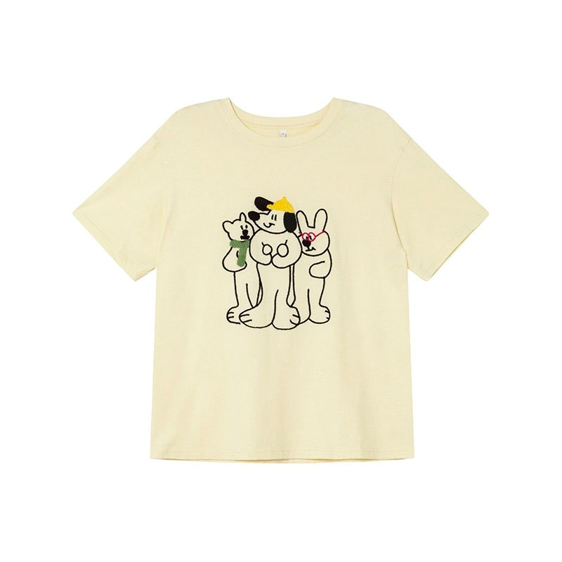Hello Canon original cartoon towel embroidered short-sleeved T-shirt for women 2024 new loose and slim tops for small people