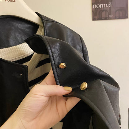 High-end brown soft PU leather jacket for women in early autumn Korean style round neck retro gold buckle temperament leather jacket black short coat