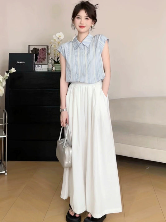 A Roasted Goose Haijie Diary blue striped lapel shirt Roasted Goose Home women's short-sleeved T-shirt women's summer