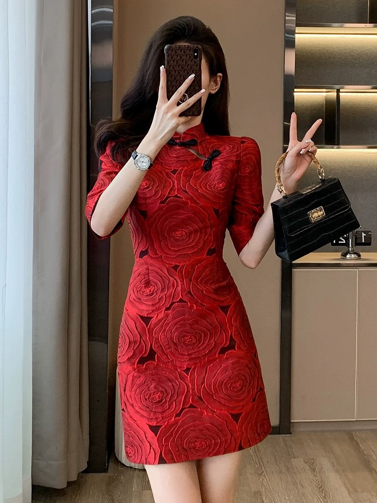 New Chinese style red jacquard dress for women spring 2024 new temperament small improved cheongsam skirt