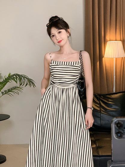 Roasted Goose Caramel Cookie Dress Women's Summer Black and White Striped Casual Suspender Dress