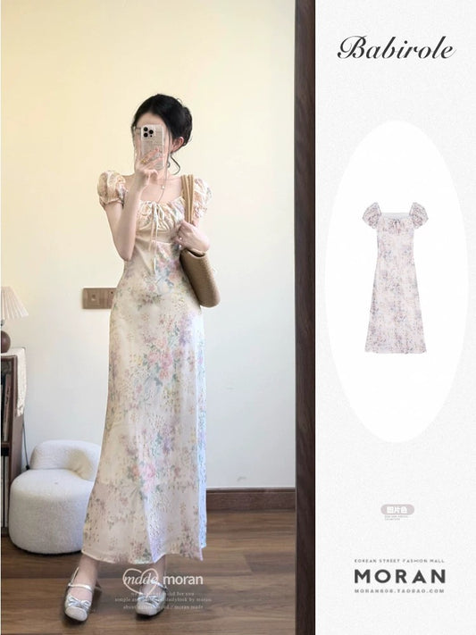 French tea break embroidered floral square collar dress for women summer new waist slimming holiday jacquard lace-up long dress