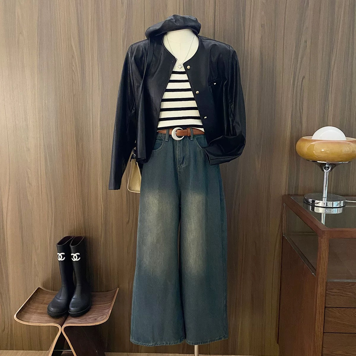 High-end brown soft PU leather jacket for women in early autumn Korean style round neck retro gold buckle temperament leather jacket black short coat