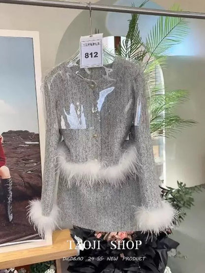 2024 autumn and winter high-end small fragrance suit women's round neck furry patchwork top high waist skirt two-piece set