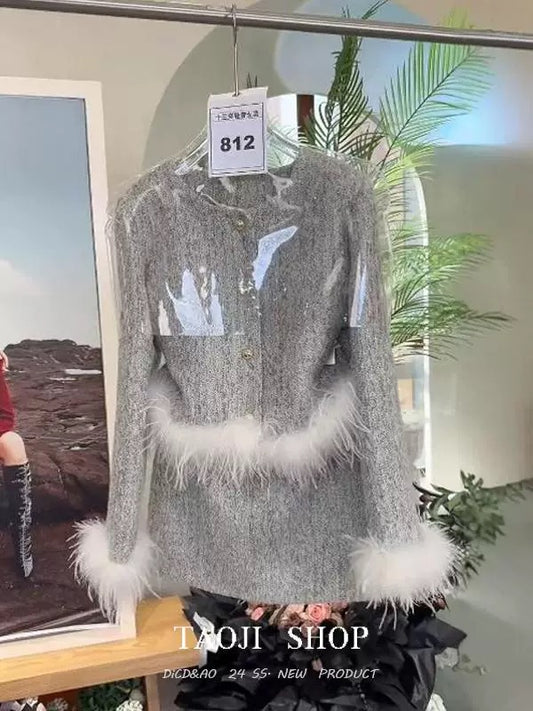 2024 autumn and winter high-end small fragrance suit women's round neck furry patchwork top high waist skirt two-piece set