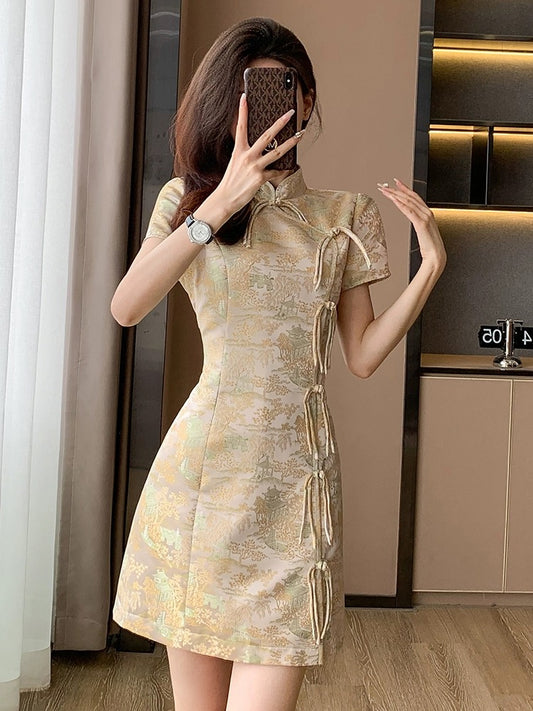 2024 summer new new Chinese style improved cheongsam dress women's high-end stand collar tassel buckle national style skirt