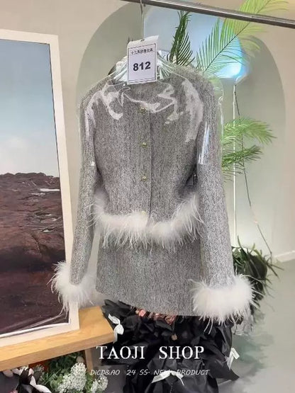 2024 autumn and winter high-end small fragrance suit women's round neck furry patchwork top high waist skirt two-piece set