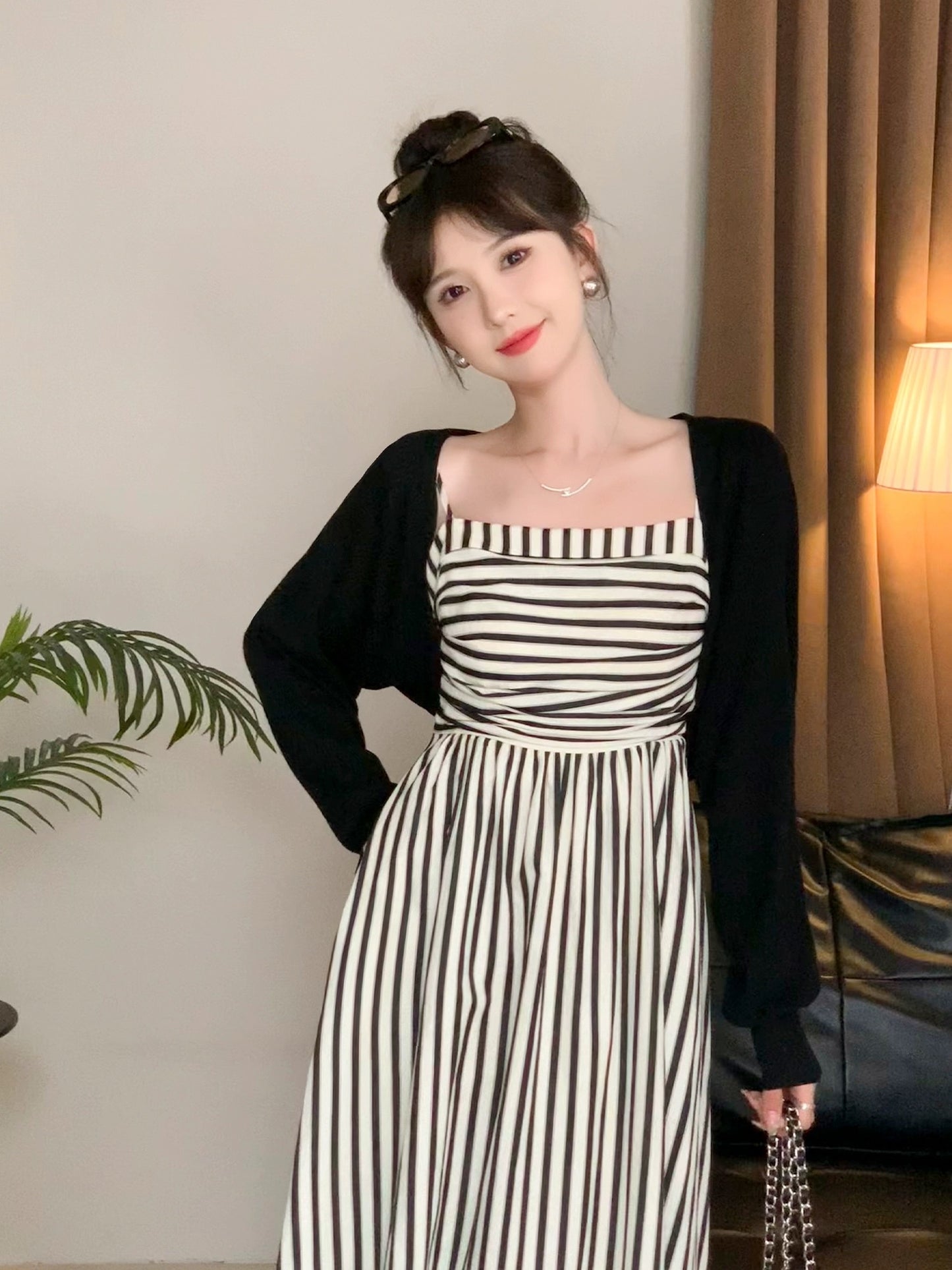 Roasted Goose Caramel Cookie Dress Women's Summer Black and White Striped Casual Suspender Dress