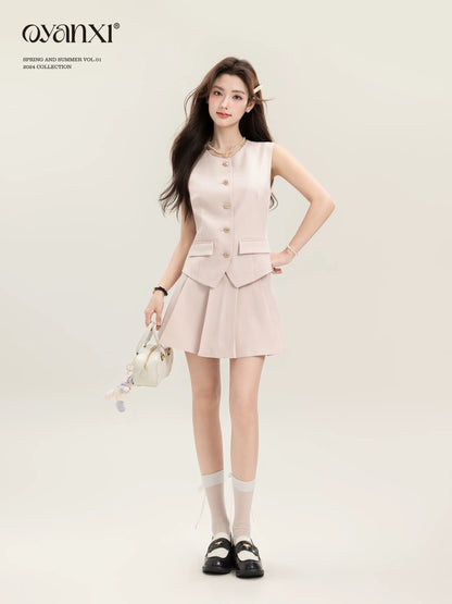 Ouyang Xi's "Su Ya Pink Tone" niche fashion and beautiful top summer casual temperament pink skirt suit for women