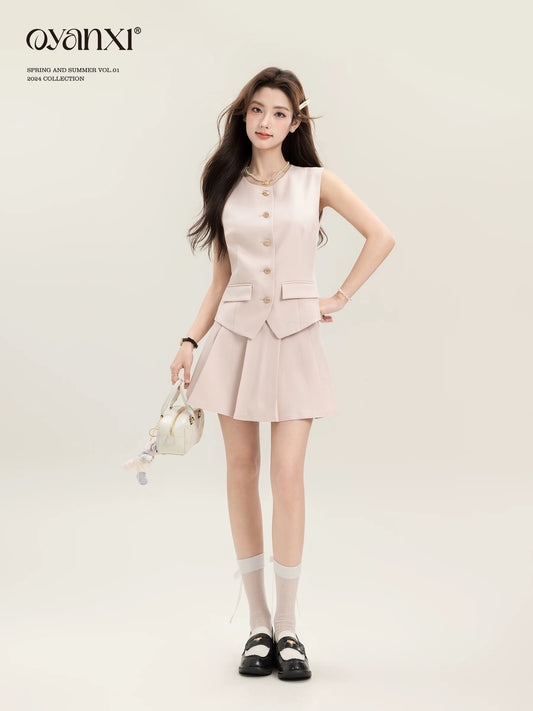 Ouyang Xi's "Su Ya Pink Tone" niche fashion and beautiful top summer casual temperament pink skirt suit for women