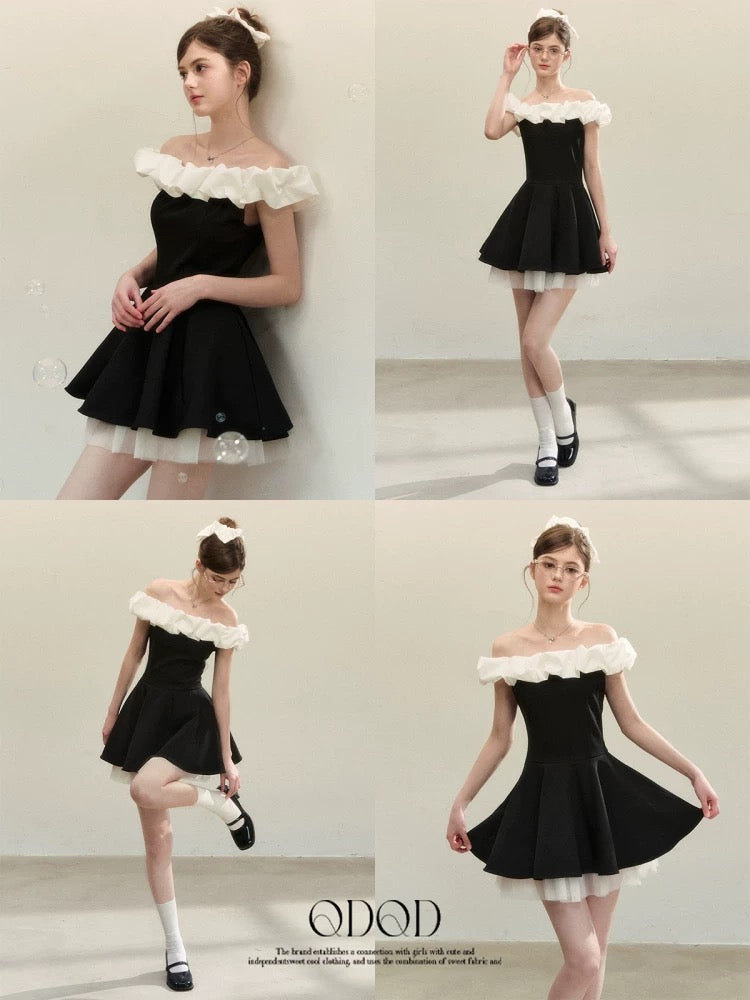 QDQD French Hepburn-style tutu skirt, summer color-blocked design, slimming waist, elegant off-the-shoulder ballet skirt.