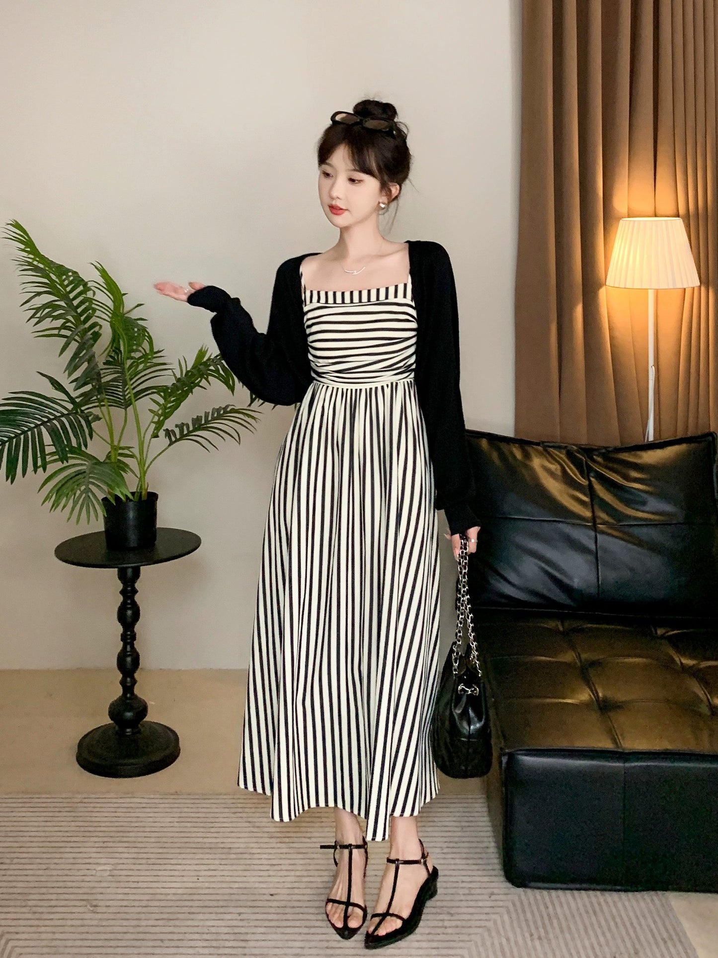 Roasted Goose Caramel Cookie Dress Women's Summer Black and White Striped Casual Suspender Dress