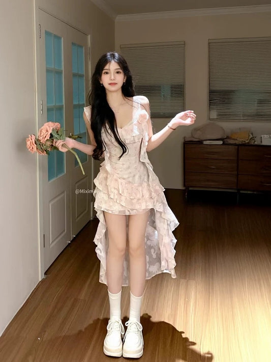 Three-dimensional flower floral ribbon fairy suspender skirt beautiful summer unique irregular trailing dress