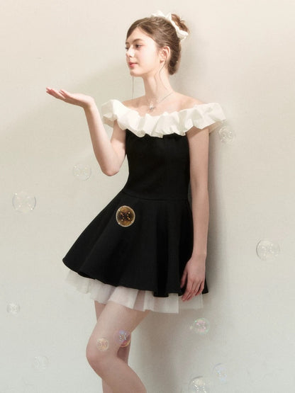QDQD French Hepburn-style tutu skirt, summer color-blocked design, slimming waist, elegant off-the-shoulder ballet skirt.