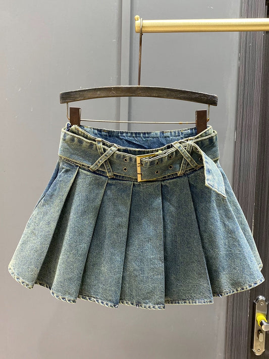 High-waisted denim skirt for women, summer retro design, A-line student pleated skirt, anti-exposure, short skirt for small people