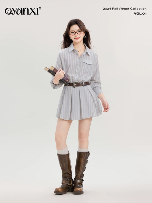 Ouyang Xi's "Qinghe Sea Breeze" French short skirt for small women, early autumn temperament, waist-cinching and gentle shirt dress