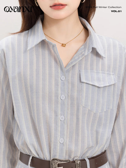 Ouyang Xi's "Qinghe Sea Breeze" French short skirt for small women, early autumn temperament, waist-cinching and gentle shirt dress