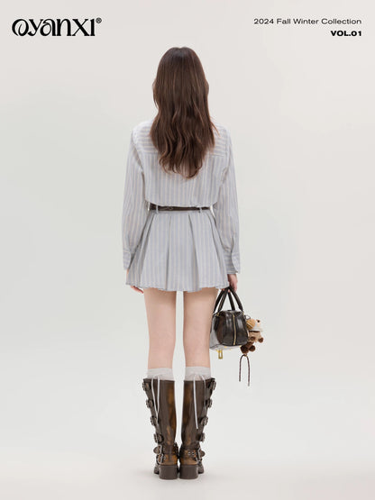 Ouyang Xi's "Qinghe Sea Breeze" French short skirt for small women, early autumn temperament, waist-cinching and gentle shirt dress