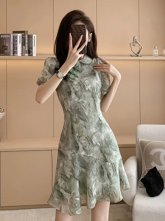 New Chinese style waist slimming printed improved cheongsam dress 2024 summer new short-sleeved ruffled chiffon dress