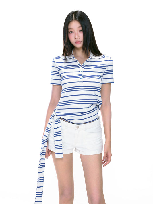 WITHMIN striped t-shirt for women short-sleeved slim fit summer new polo collar top design niche women