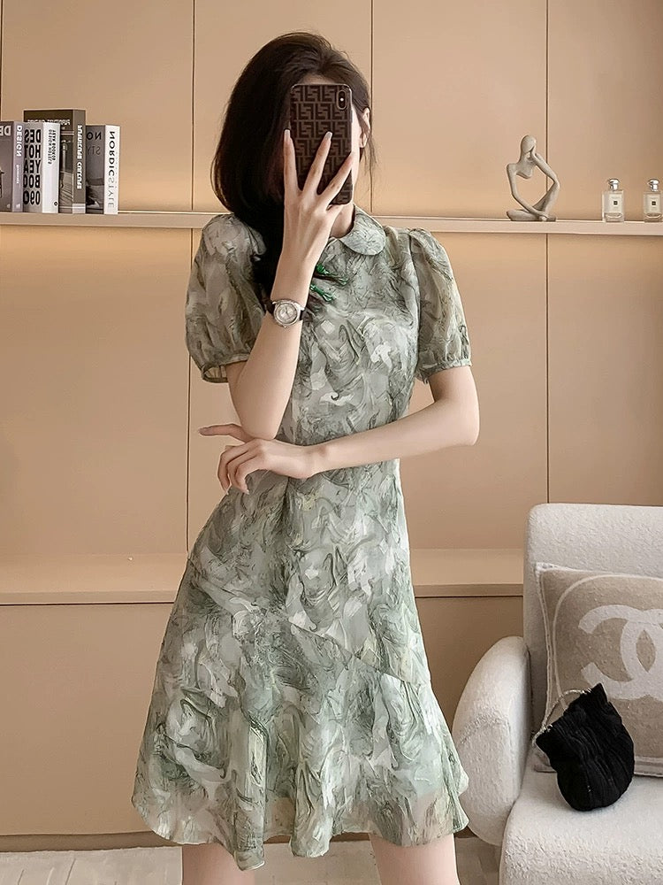 New Chinese style waist slimming printed improved cheongsam dress 2024 summer new short-sleeved ruffled chiffon dress