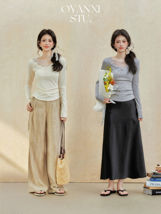 Ouyang Xi's "Gentle Nirvana" early spring design splicing long-sleeved T-shirt top temperament slimming T-shirt