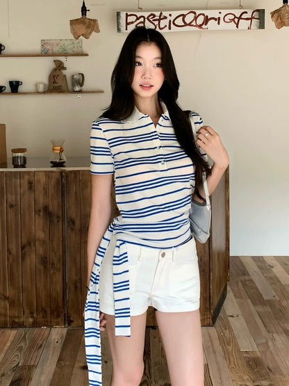 WITHMIN striped t-shirt for women short-sleeved slim fit summer new polo collar top design niche women