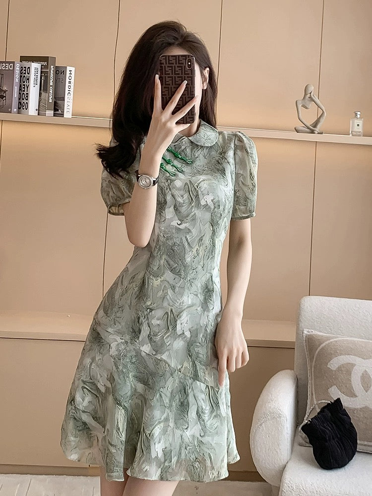 New Chinese style waist slimming printed improved cheongsam dress 2024 summer new short-sleeved ruffled chiffon dress