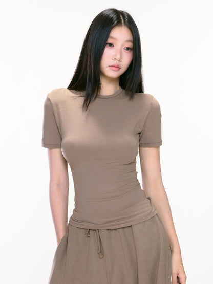 WITHMIN short-sleeved women's T-shirt summer 2025 new slim waist slimming top straight shoulder versatile temperament women's clothing