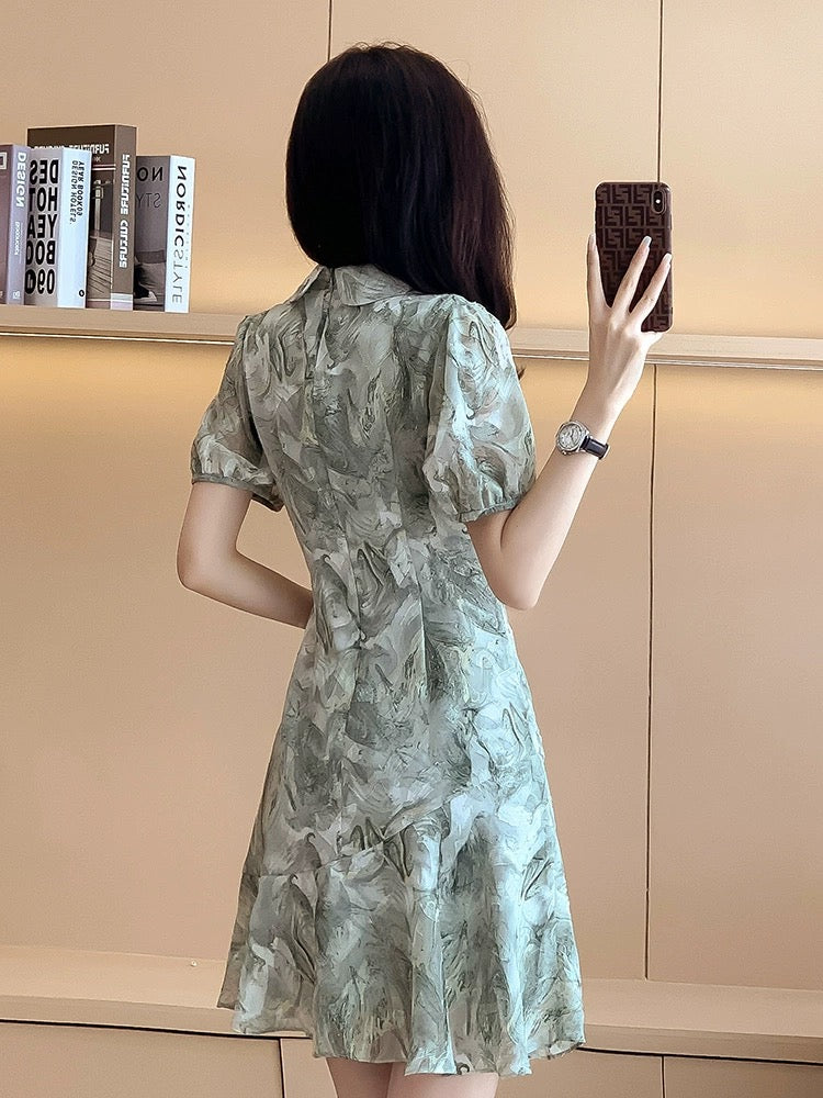 New Chinese style waist slimming printed improved cheongsam dress 2024 summer new short-sleeved ruffled chiffon dress