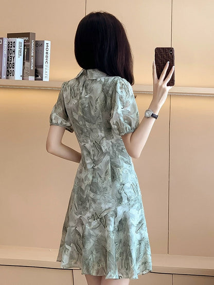 New Chinese style waist slimming printed improved cheongsam dress 2024 summer new short-sleeved ruffled chiffon dress