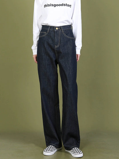 Danny's 2024 spring and autumn four seasons high-waisted slim dark blue elastic loose straight casual denim trousers for women