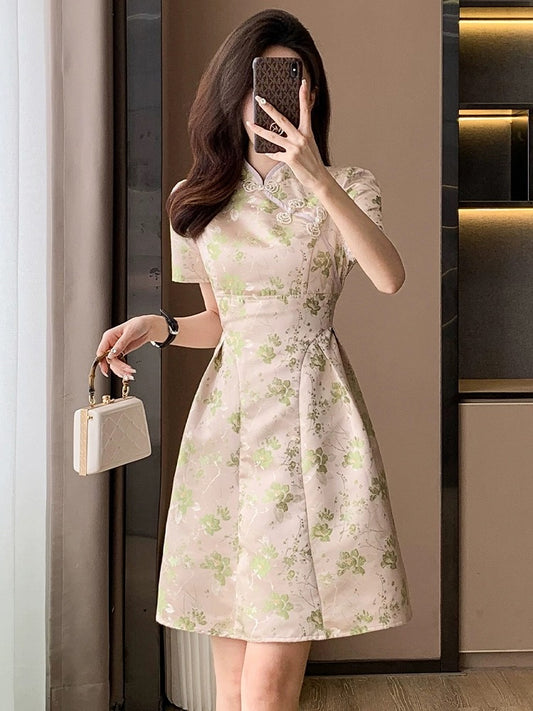 High-end French jacquard improved version of cheongsam dress for women summer new style ladylike temperament small A-line skirt